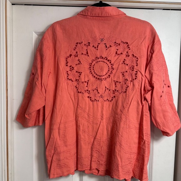Vtg Susan Graver Style Linen Blend Embroidered Shirt Coral 2X eyelet cottagecore - Picture 6 of 8